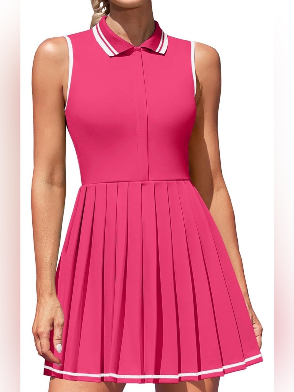 Attraco Hot Pink Sleeveless Polo Pleated Athletic Dress